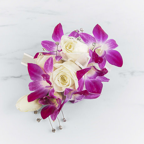Purple Orchid &amp; White Rose Wrist Corsage with Bling