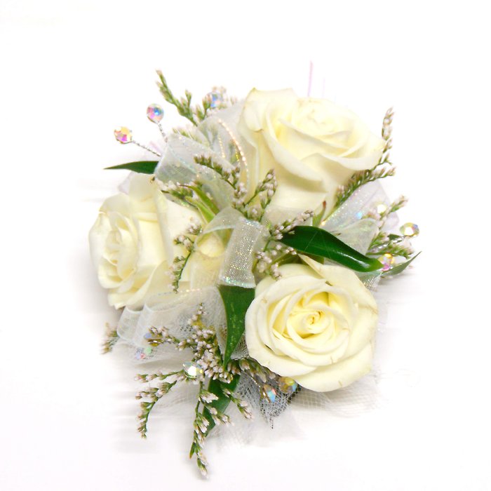 White Spray Rose Corsage-Iridescent Riibbon/Bling