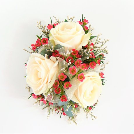 Creme Rose Wrist Corsage with Burgundy Accents