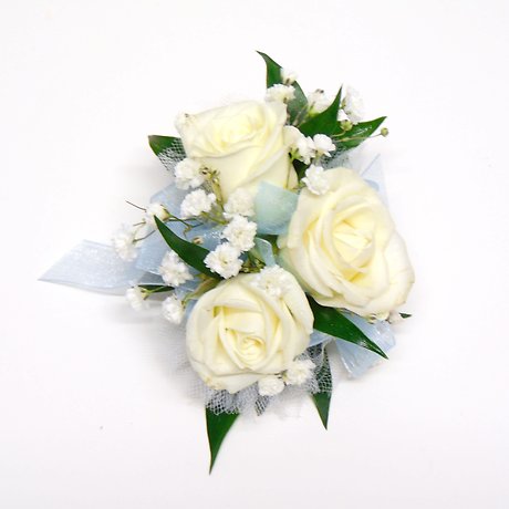 White Spray Rose Wrist Corsage-Light Blue Ribbon