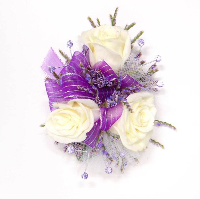 White Spray Rose Wrist Corsage-Purple/Iridescent