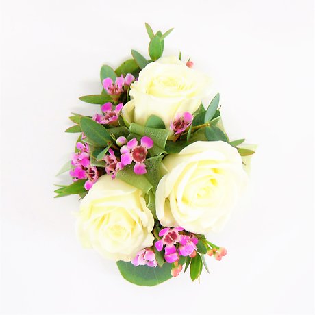 White Rose Wrist Corsage with Green &amp; Lavender Accents