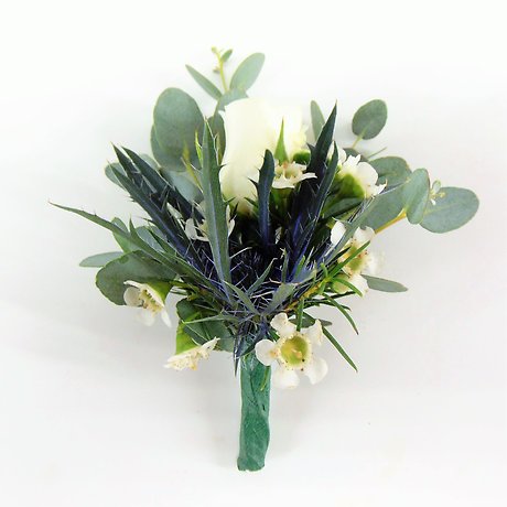 White Rose Navy Thistle Boutonniere