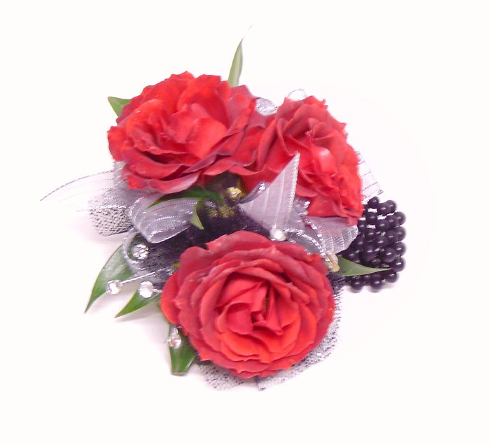 Red Spray Rose Wrist Corsage-Black Beaded Wrislet