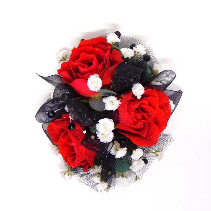 Red Rose Wrist Corsage with Black Accents