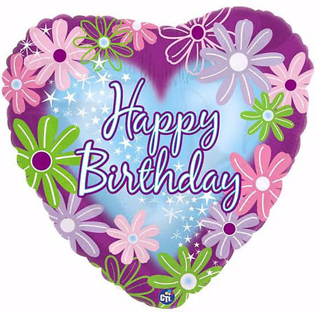Happy Birthday Heart &amp; Flowers Mylar Balloon