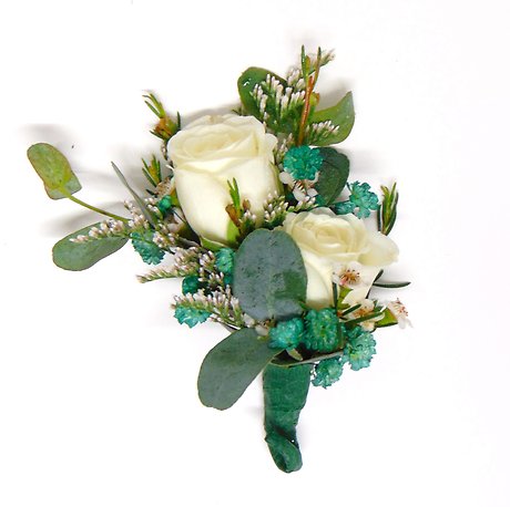 Double White Spray Rose &amp; Emerald Boutonniere