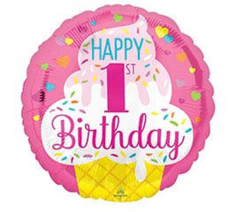 Happy 1st Birthday Girl Ice Cream Mylar Balloon