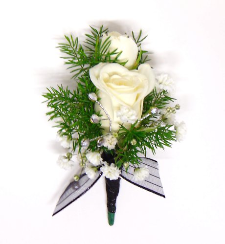 Double White Spray Rose &amp; Black/Silver Boutonniere