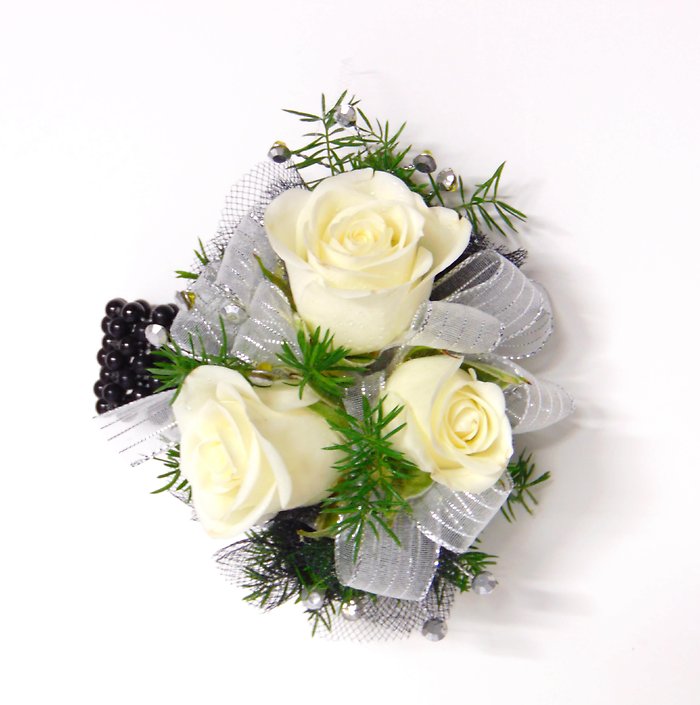 White Spray Rose Wrist Corsage-Black/Rhinestone Accents