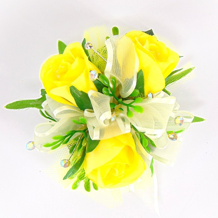 Wrist Corsage-Yellow Roses-Ivory Ribbon-Bling