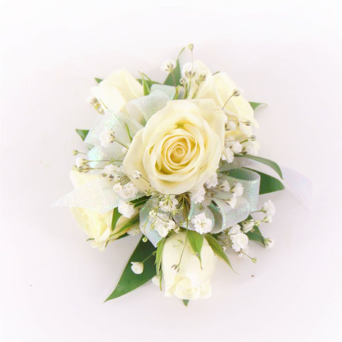 All White Five Spray Rose Wrist Corsage