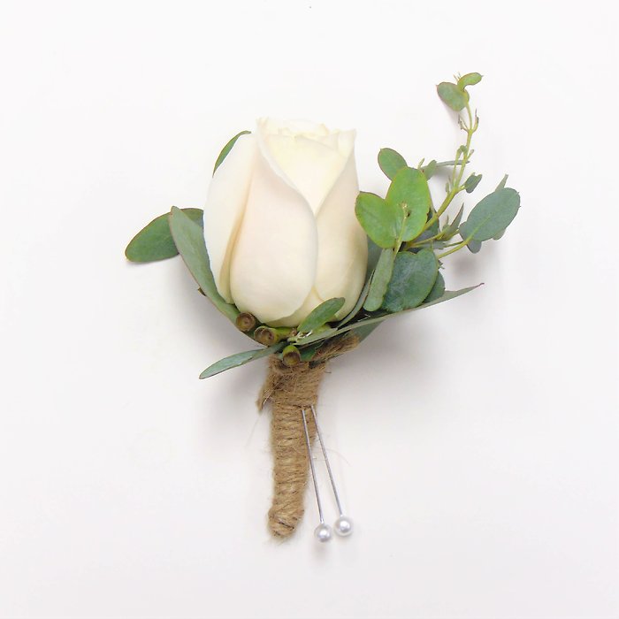 White Rose Boutonniere-Eucalyptus-Twine