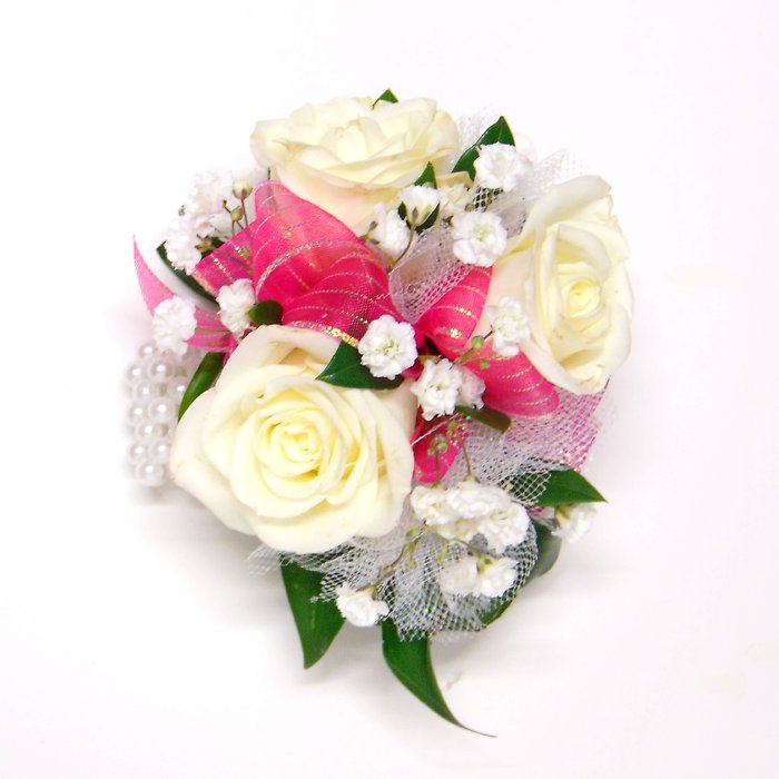 White Spray Roses-Hot Pink &amp; Gold Ribbon
