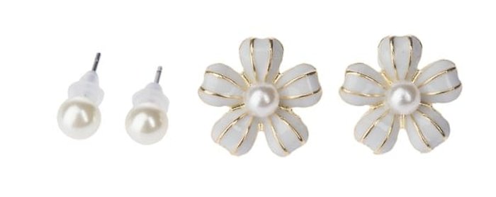 Flower &amp; Pearl Earring Set-Creme