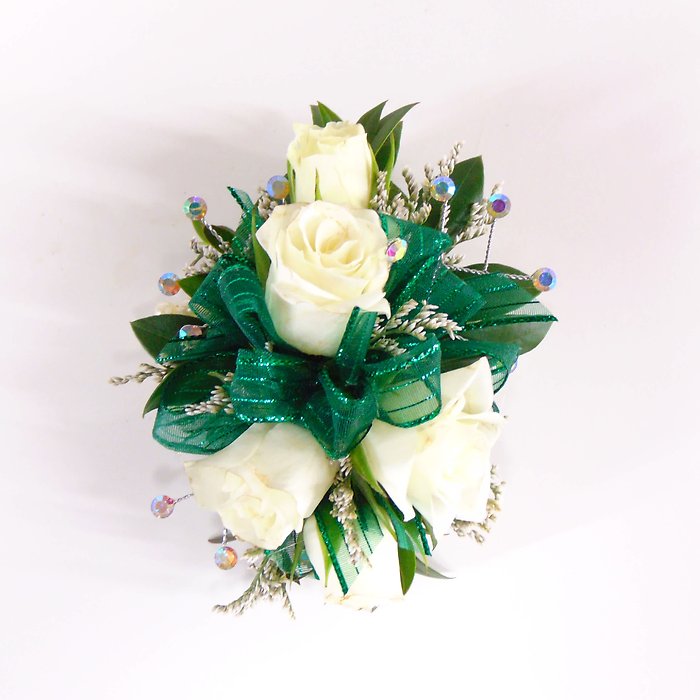 Five White Rose Wrist Corsage-Emerald Green Ribbon
