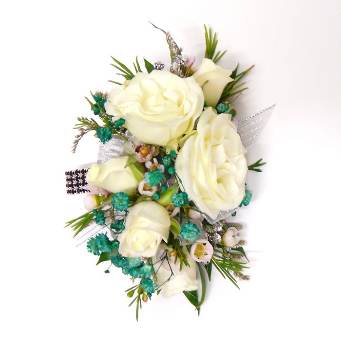 Five White Rose Wrist Corsage-Emerald/Black Accents