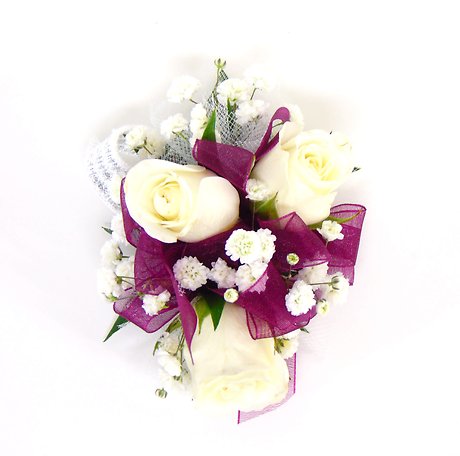 White Spray Rose Wrist Corsage with Plum Accents