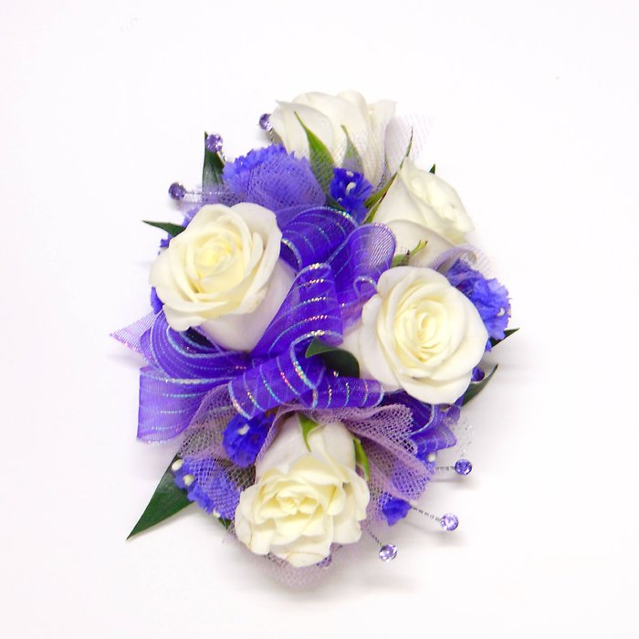 Five White Spray Rose Wrist Corsage-Royal Blue Ribbon/Bling