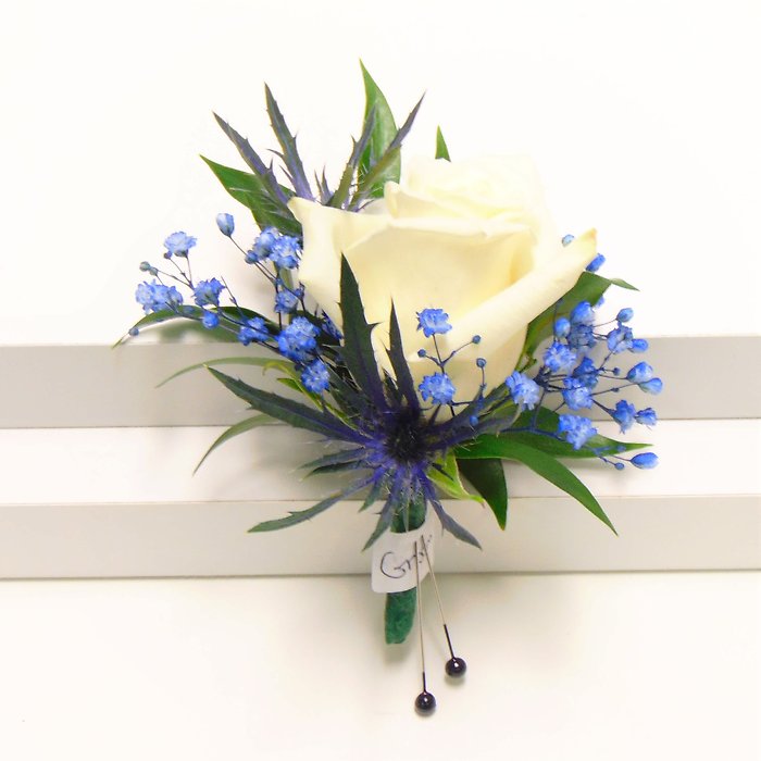 White Rose Boutonniere, Navy Blue Accents