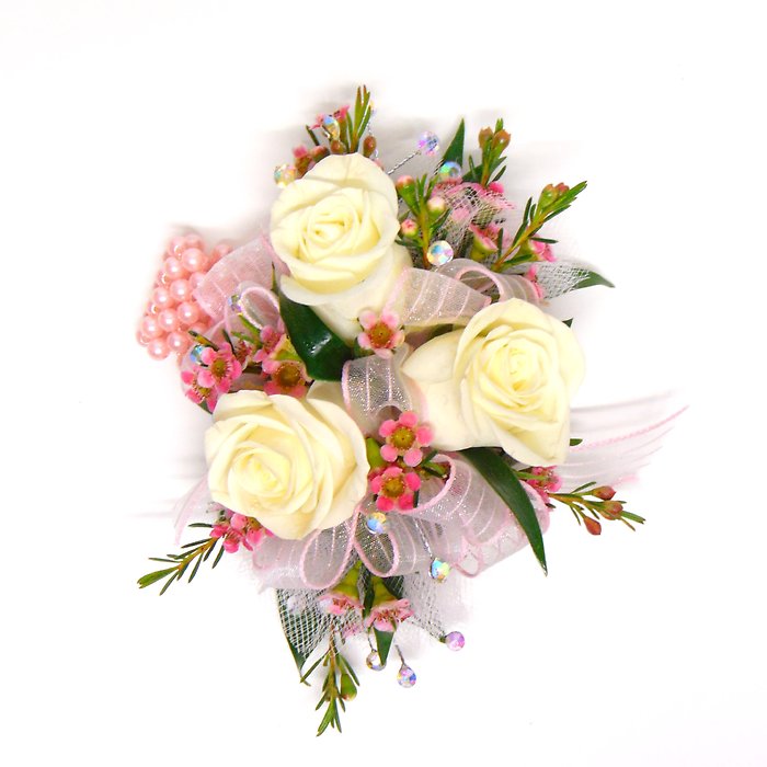 White Spray Rose Wrist Corsage-Pink Accents-Bling
