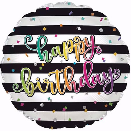 Happy Birthday Black Stripes Mylar Balloon