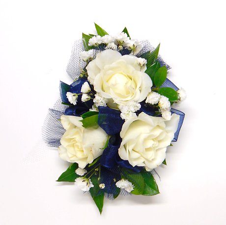 White Spray Rose Corsage-Navy Blue Ribbon