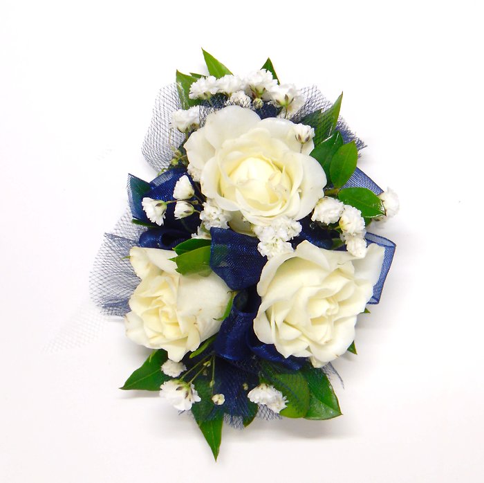 White Spray Rose Corsage-Navy Blue Ribbon