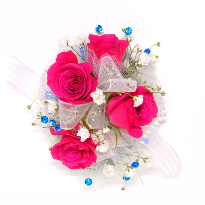 Four Hot Pink Spray Rose Wrist Corsage- Blue Bling
