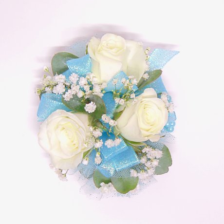 White Rose Wrist Cosage with Aqua Accents