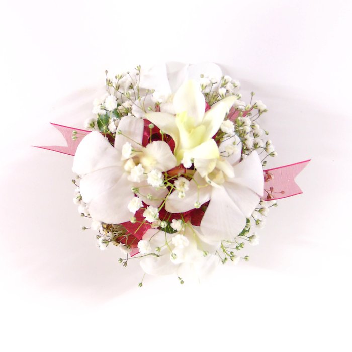 Wrist Corsage White Dendrobium Burgundy Accents