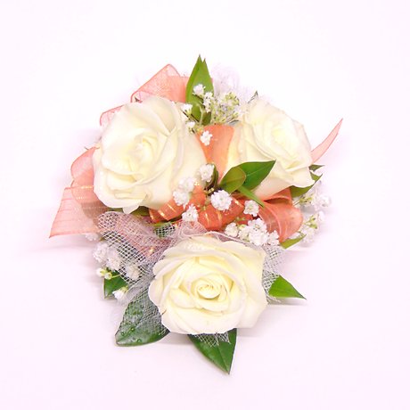 White Rose Wrist Corsage with Peach Ribbon