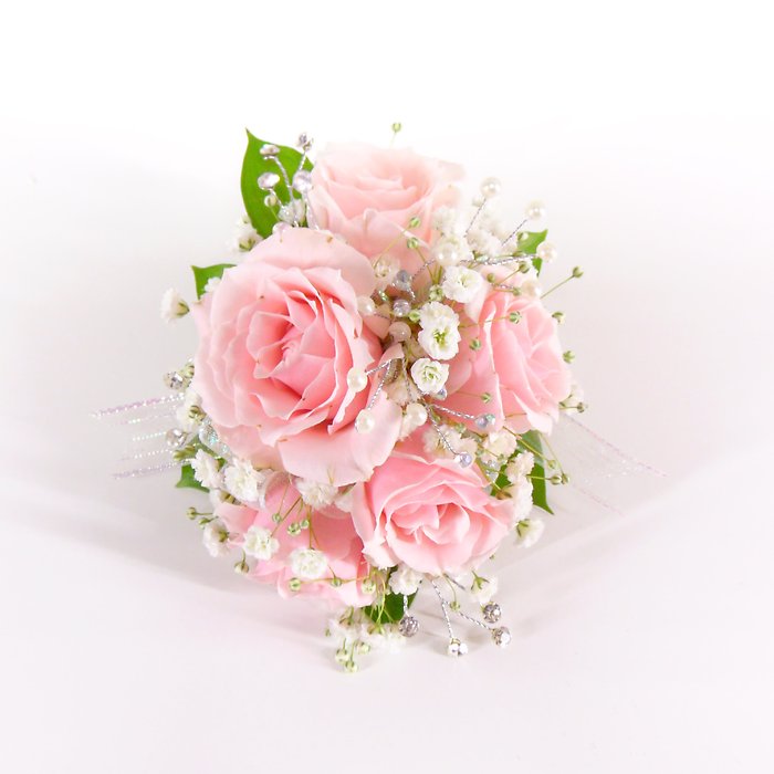 Five Pink Rose Wrist Corsage-Silver Accents