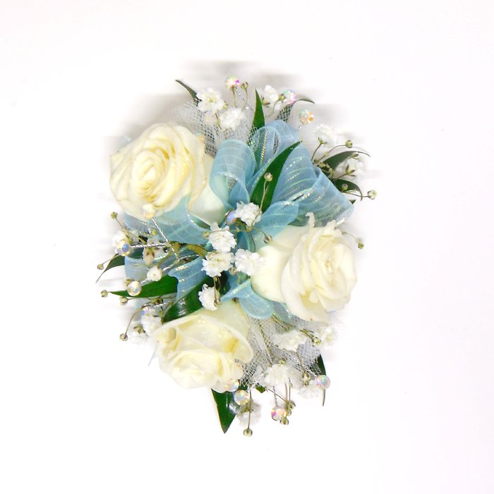 White Spray Rose Wrist Corsage, Light Blue Ribbon, Bling