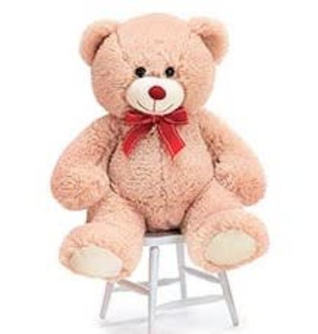 Biege Teddy Bear with Red Bow.