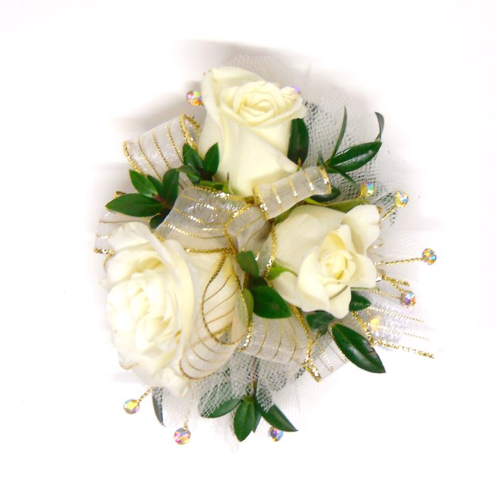 White Spray Rose Wrist Corsage-Gold Accents