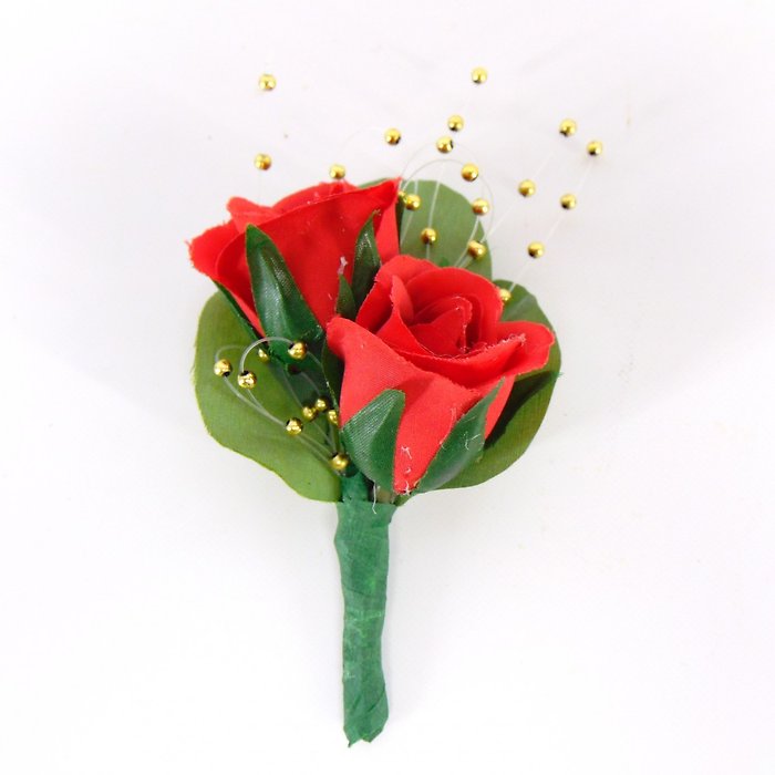 Boutonniere-Two Red Sweetheart Roses-Gold Accents