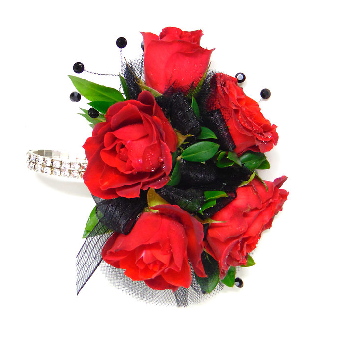 Five Red Rose &amp; Rhinestone Wristlet Corsage-Black Accents