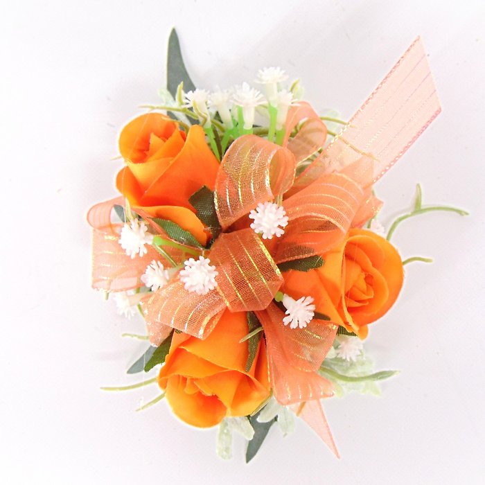 Wrist Corsage-Orange Roses-Orange Ribbon-Baby\'s Breath